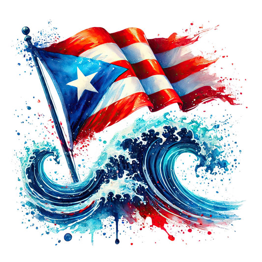 puerto rico flag, red white blue, patriotic, nautical, waves, ocean, splash art, watercolor, abstract, modern, flag motif, star symbol, coastal theme, independence day, summer, travel, caribbean, vibrant colors, artistic, dynamic, spray paint style, mixed media, cultural heritage, home decor, wall hanging, decorative panel