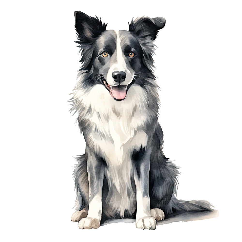 Watercolor Dogs Fabric Panel 29 featuring a detailed watercolor illustration of a happy Border Collie dog sitting.