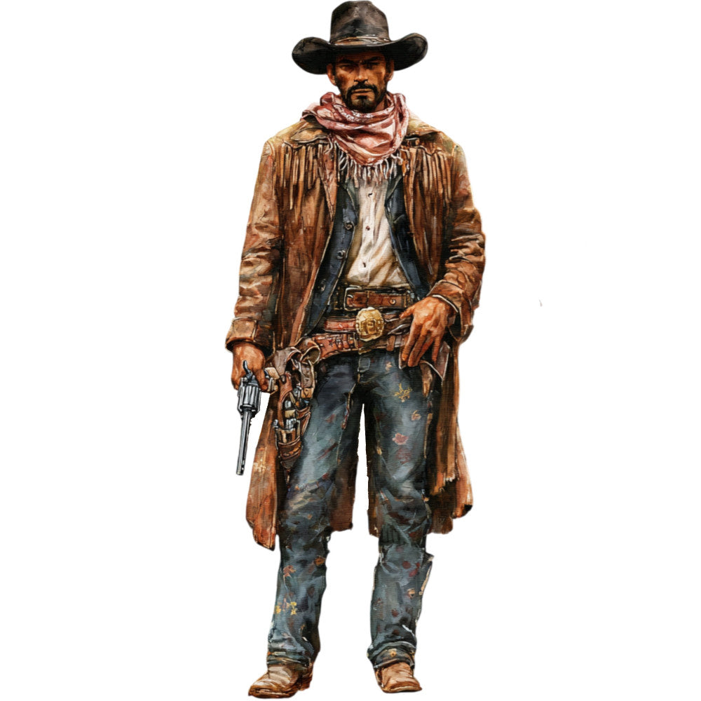 western cowboy, brown leather, rust red, denim blue, tan, vintage western, gunslinger, outlaw, classic western, old west, retro cowboy, leather fringe, revolver pistol, cowboy hat, bandana, belt buckle, rugged masculine, tough guy character, western portrait, man figure, action pose, traditional western style, nostalgic vintage, gritty western, character illustration, wild west theme, americana, cowboy culture, masculine style