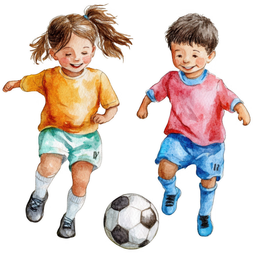 children playing soccer, sports, kids, boys and girls, athletic, playful, whimsical, cheerful, happy, orange, yellow, pink, red, blue, teal, green, white, bright colors, youth, recreation, active play, summer, casual, fun, illustrative, watercolor style, character fabric, children's clothing, nursery, playtime