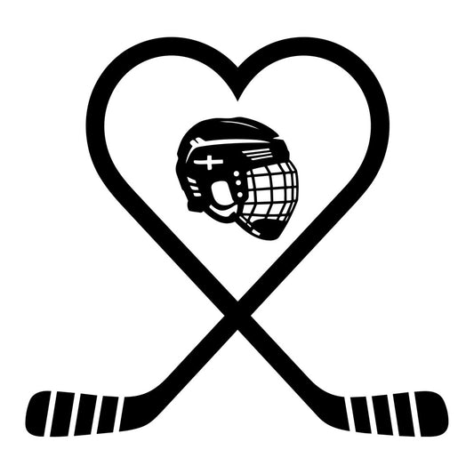 hockey, sports, heart, black and white, monochrome, geometric, modern, ice hockey, helmet, hockey sticks, athletic, masculine, bold, contemporary, fan gear, sports enthusiast, youth, teen, game day, winter sports, minimalist, graphic, line art, silhouette, crossed sticks, protective gear, sports themed, high contrast