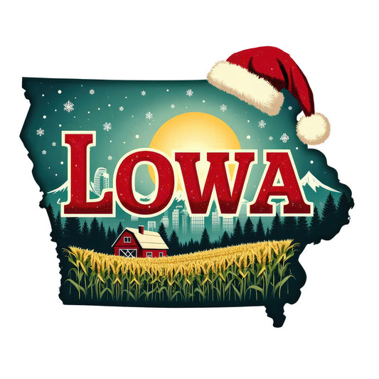 Christmas US States Fabric Panel 33 featuring Iowa with festive Santa hat, cornfield, barn, city skyline, and snowy night sky design.
