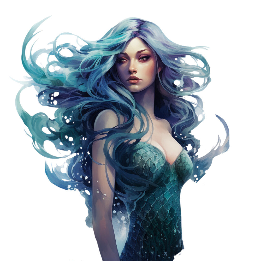 mermaid, ocean blue, teal, turquoise, flowing hair, sea creature, fantasy character, underwater theme, scales, bubbles, water swirls, mystical, ethereal, fabric panel, quilting cotton, aquatic design, maritime, flowing movement, sea goddess, ocean waves