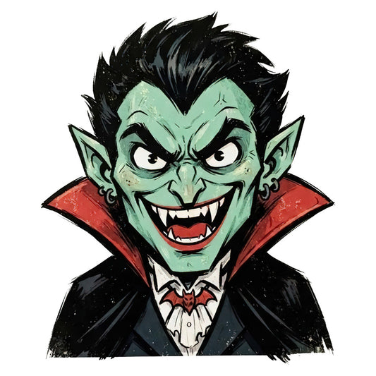 vampire, halloween, mint green, pale green, black, red, gothic, spooky, scary, horror, fangs, evil, villain, monster, undead, dracula, cape, formal wear, character, comic style, vintage halloween, whimsical dark, illustration, novelty, festive, autumn, seasonal, costume, supernatural, creepy
