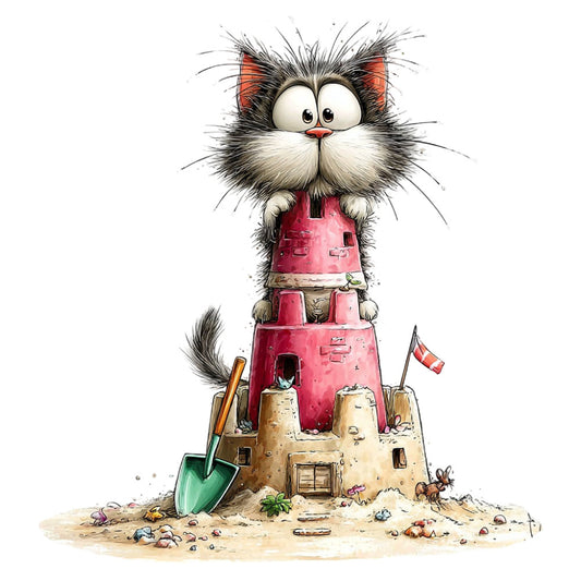 whimsical cat, orange tabby, black and white cat, pink tower, sand castle, beach themed, nautical flag, adorable animals, children's illustration, cartoon cat, playful design, rust pink, cream colored, tan beige, green shovel, detailed illustration, storybook style, cute characters, animal lover, kids fabric, whimsical style, fantasy theme, imaginative design, character panel, detailed artwork, multi-colored, decorative illustration, conversation starter
