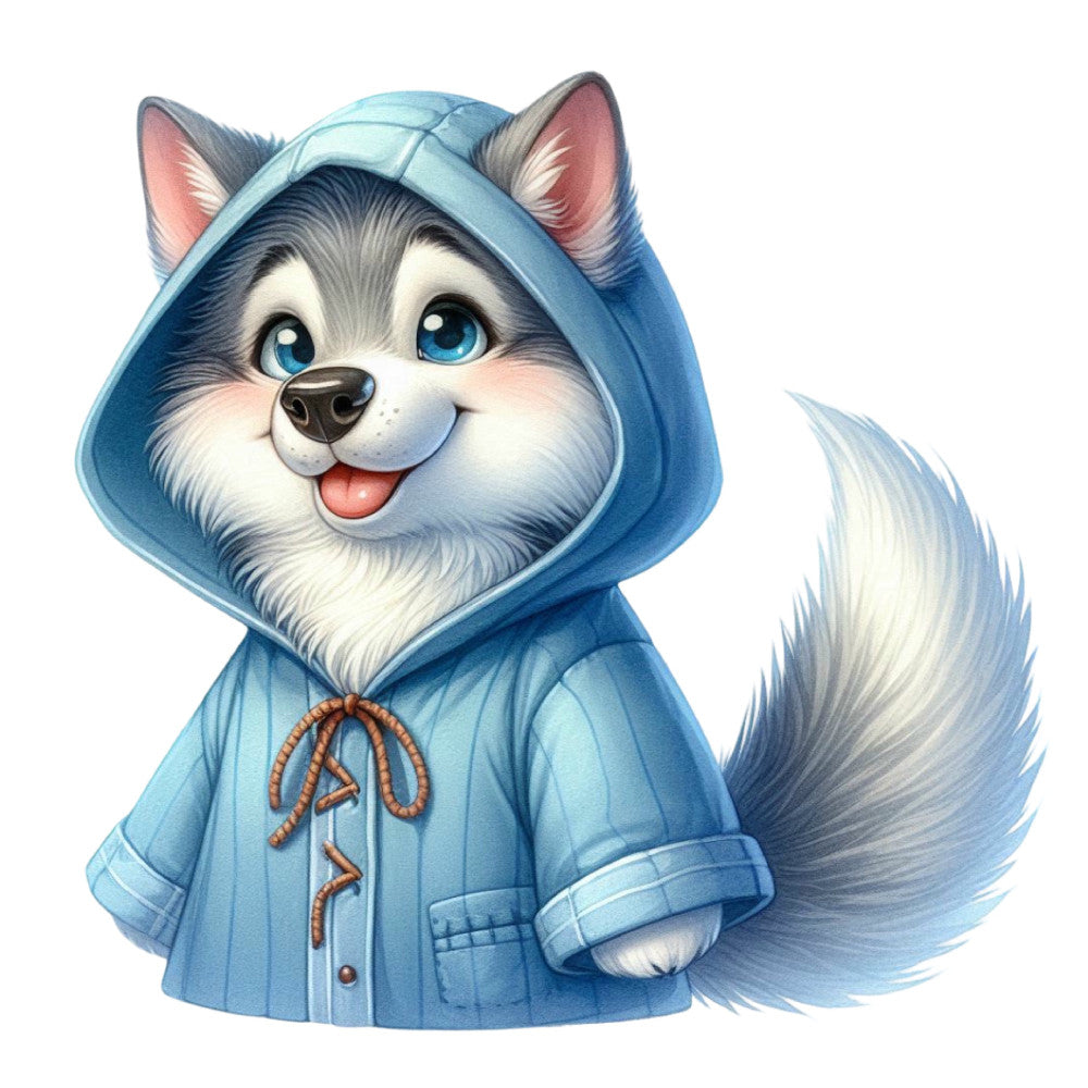 sky blue, light blue, white, gray, coral pink, cute animals, husky, wolf, cartoon character, whimsical, playful, children's fabric, kids design, hooded sweatshirt motif, cozy theme, winter clothing, animal characters, friendly expression, blue hoodie, fluffy tail, expressive eyes, nursery decor, baby quilt, children's apparel, playful style, friendly characters, winter theme, casual wear, character fabric, adorable design