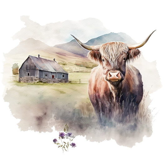 Watercolor Highland Cows Fabric Panel 7 featuring a detailed cow with mountain and barn backdrop printed on 100% premium quilting cotton.