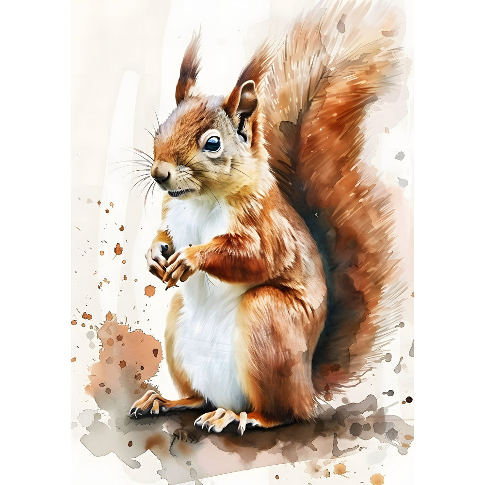 watercolor squirrel, rust brown, cream white, tan, earthy tones, woodland animals, nature, whimsical, artistic, splatter paint, ink wash, forest creature, rustic, autumn, fall colors, cute animals, children's fabric, nursery, animal portrait, detailed illustration, painterly style, wildlife, nutkin, bushy tail, forest theme, charming, illustrative, natural colors, woodland creatures