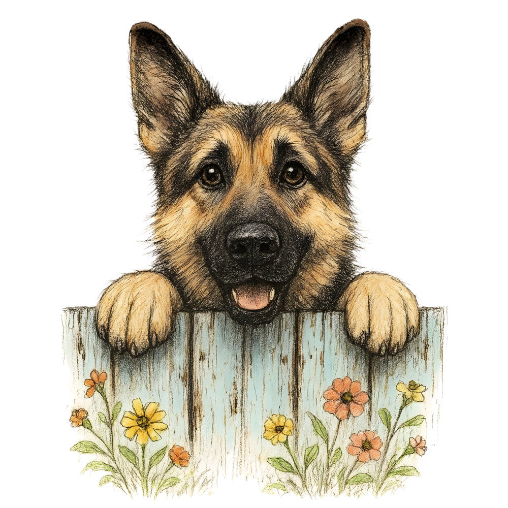 german shepherd, dog portrait, rustic fence, weathered wood, pale blue, cream, tan, golden brown, black, coral pink, yellow, sage green, floral, wildflowers, farmhouse, country, rustic, whimsical, charming, dog lover, pet themed, animal portrait, garden flowers, spring, summer, cottage style, folk art, pastoral, sweet, adorable