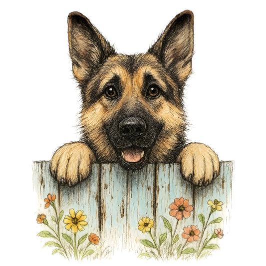 german shepherd, dog portrait, rustic fence, weathered wood, pale blue, cream, tan, golden brown, black, coral pink, yellow, sage green, floral, wildflowers, farmhouse, country, rustic, whimsical, charming, dog lover, pet themed, animal portrait, garden flowers, spring, summer, cottage style, folk art, pastoral, sweet, adorable