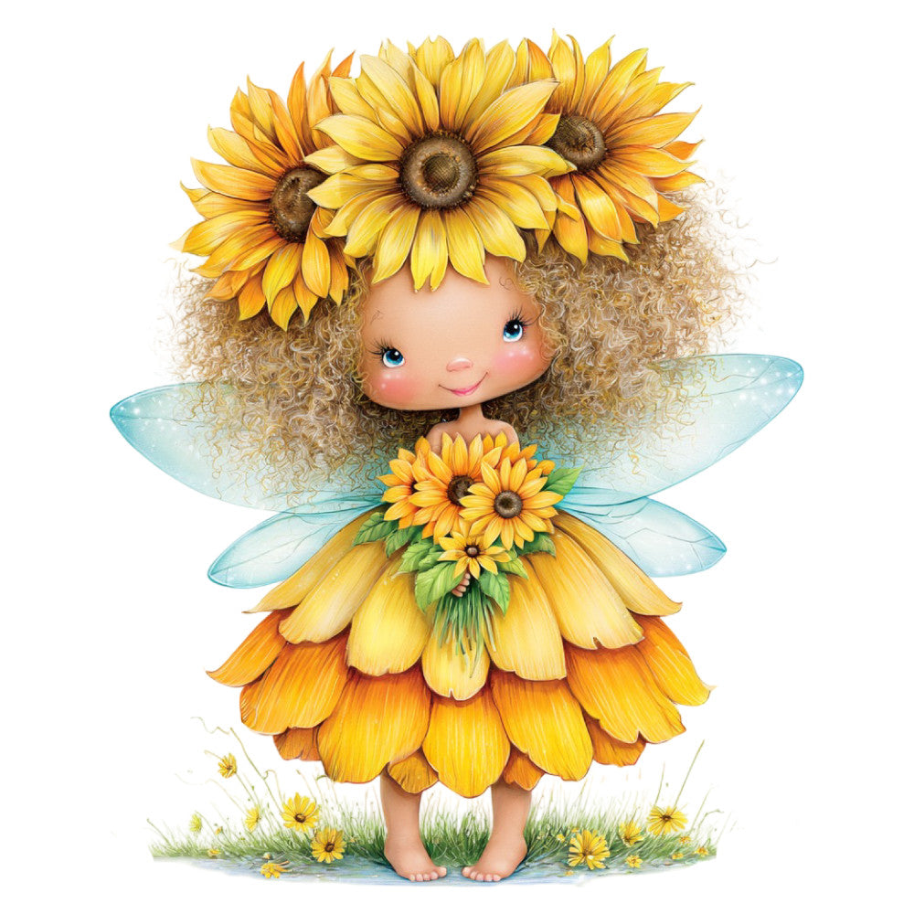 sunflower yellow, golden yellow, cream, soft blue, fairy wings, whimsical, nature, floral, fairy tale, fantasy, garden, sunflowers, daisies, curly hair, sweet, adorable, children's, cute character, spring, summer, magical, storybook, enchanted, flower petals, barefoot fairy, blue wings, botanical, vibrant yellow, warm tones, nursery