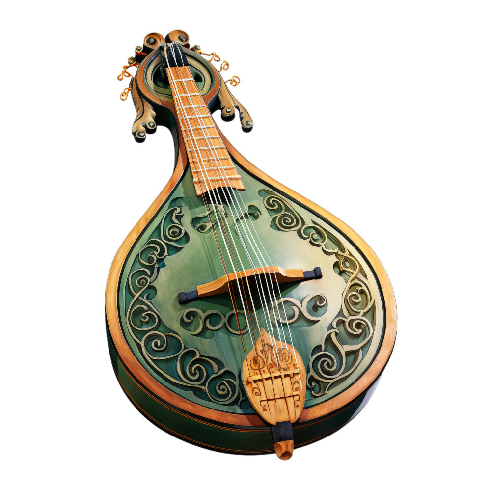 mandolin, musical instrument, ornate, decorative scrolls, sage green, terracotta orange, classical music, baroque, vintage musical, elegant, traditional, whimsical, music lover, artist themed, cultural heritage, music panel, instrument illustration, pear-shaped body, scrollwork border, intricate details, music themed quilting, conversation print, novelty fabric, art deco, gold accents, sophisticated design, musician gift, performance art, string instrument, detailed illustration