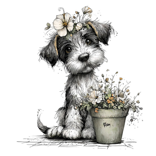 dog, puppy, black and white, cream, ivory, floral, daisies, flowers, botanical, animals, pets, cute, whimsical, illustration, sketch, ink drawing, spring, summer, garden, nature, charming, sweet, decorative panel, children's, playful, cottage style, rustic, gentle, daisy flowers