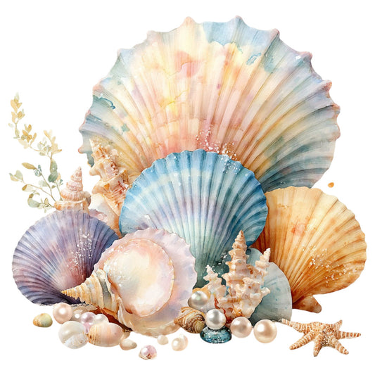 seashells, pearls, starfish, coastal, nautical, ocean, beach, pastel colors, blush pink, dusty rose, soft blue, sage green, peachy orange, cream, watercolor, sea creatures, shells, elegant, whimsical, nature, summer, seaside, aquatic, botanical accents, soft palette, romantic, coastal decor, ocean life, beach theme, decorative panel