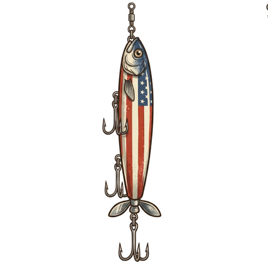 fishing lure, vintage fishing, patriotic, american flag, red white and blue, nautical, fishing theme, retro, americana, classic fishing, decorative lure, fish motif, traditional, nostalgic, summer, outdoor themed, rustic, metal accents, antique style, collectible, heritage design, americana quilting, red stripe, navy blue, cream, fishing sport, vintage americana, timeless style, wall hanging, novelty print