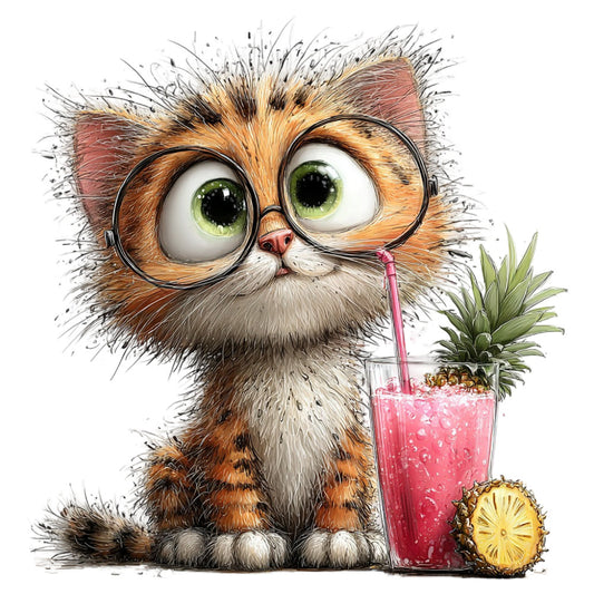 orange tabby cat, cat with glasses, green eyes, whimsical, cute animals, playful, humorous, pink beverage, tropical drink, pineapple, fun novelty print, animal characters, quirky style, children's design, illustrated cat, cartoon cat, striped cat, fluffy fur texture, spring colors, summer vibes, bright cheerful, playful animals, novelty fabric, decorative panel, wall hanging, children's quilt, animal lovers, funny animals, expressive eyes, detailed illustration