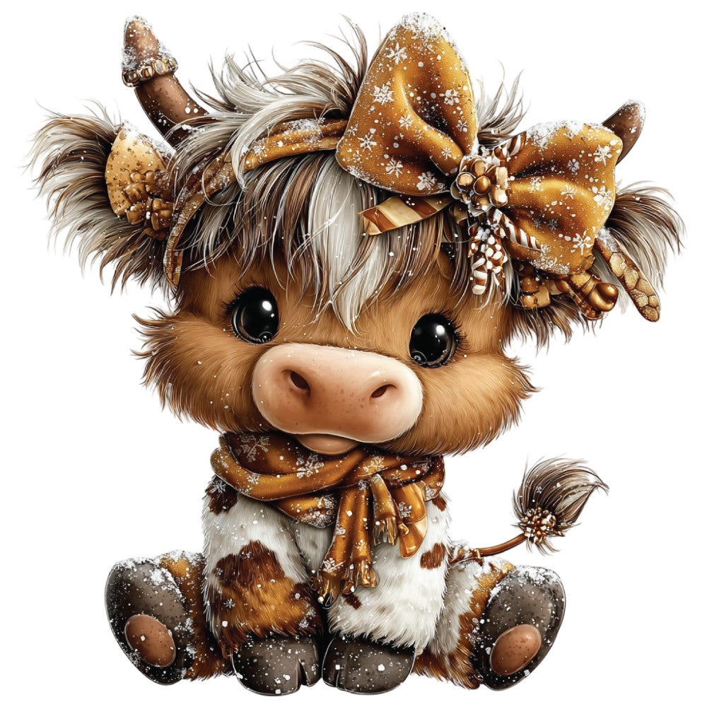 christmas highland cow, fabric panel, winter cow, brown fur, golden brown, cream white, black eyes, snowflakes, winter accessories, brown bow, festive ribbon, cute animal, kawaii style, quilting cotton, holiday fabric, sitting cow, fluffy fur, winter theme, adorable calf, craft panel