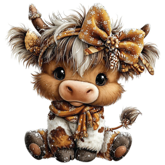 christmas highland cow, fabric panel, winter cow, brown fur, golden brown, cream white, black eyes, snowflakes, winter accessories, brown bow, festive ribbon, cute animal, kawaii style, quilting cotton, holiday fabric, sitting cow, fluffy fur, winter theme, adorable calf, craft panel