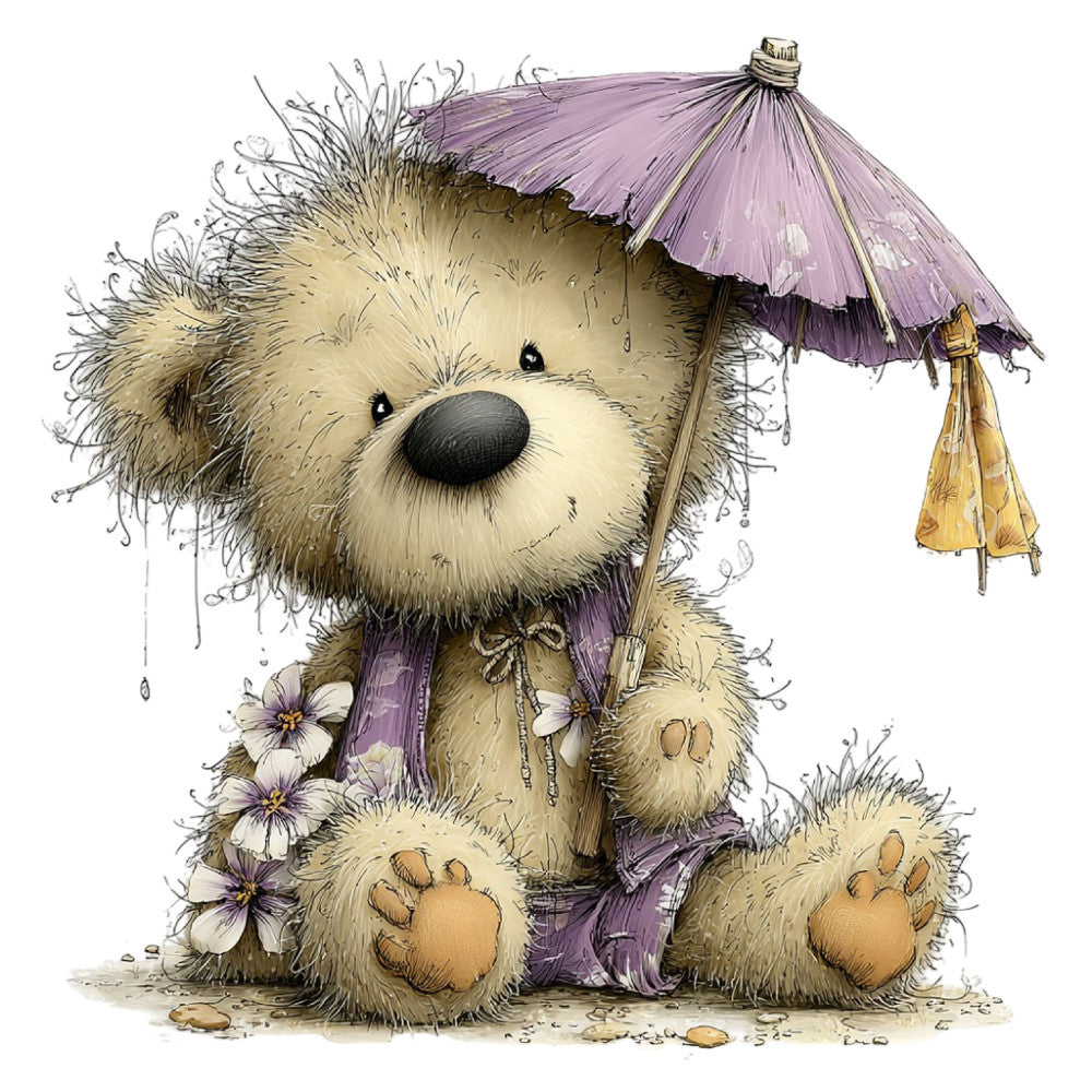 teddy bear, lavender purple, cream, beige, tan, whimsical, cute animals, children's, baby, vintage style, watercolor, illustrated, rainy day, umbrella, flowers, daisies, gentle, sweet, soft, nursery, storybook, character panel, springtime, pastel colors, adorable, charming, decorative, wall hanging, baby quilt