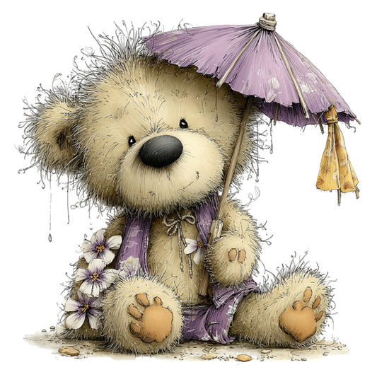 teddy bear, lavender purple, cream, beige, tan, whimsical, cute animals, children's, baby, vintage style, watercolor, illustrated, rainy day, umbrella, flowers, daisies, gentle, sweet, soft, nursery, storybook, character panel, springtime, pastel colors, adorable, charming, decorative, wall hanging, baby quilt