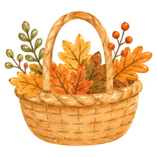 autumn basket, fall foliage, harvest theme, orange leaves, golden yellow, burnt orange, olive green, rust red, warm neutrals, seasonal, nature, botanical, rustic, farmhouse, whimsical, decorative basket, fall decor, thanksgiving, autumn arrangement, dried flowers, berries, leaf motifs, woven basket, home decor, traditional, cozy, warm tones, seasonal decoration