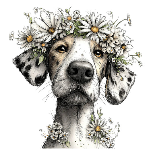 dog portrait, white and black dog, spaniel, floral crown, daisy flowers, botanical illustration, nature theme, animal lover, pet portrait, whimsical style, ink drawing, golden yellow centers, cream white, black and tan, spring flowers, summer blooms, gentle eyes, sweet expression, feminine style, decorative art, wall hanging, pet themed, wildflowers, delicate florals, charming design, children's fabric, vintage botanical, natural colors, sketch style