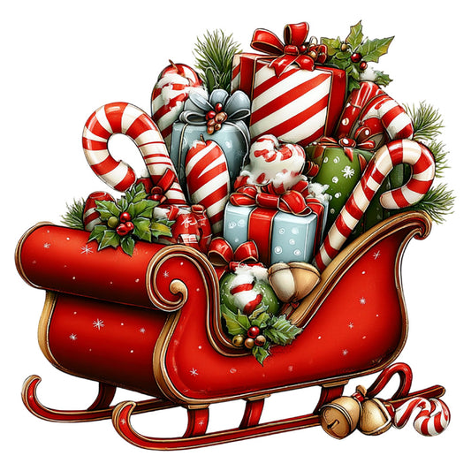 christmas, holiday, red and white, candy cane, peppermint, festive, winter, santa sleigh, presents, gift boxes, holly berries, evergreen, gold accents, traditional, whimsical, vintage christmas, nostalgic, seasonal, decorative, jingle bells, ornaments, striped, red, cream, festive cheer, holiday decor, christmas panel, seasonal fabric, winter wonderland, classic christmas