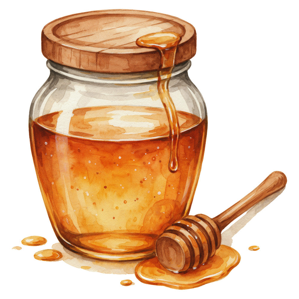honey gold, amber, warm gold, golden yellow, burnt orange, rustic brown, wood tones, food, honey jar, honey dipper, kitchen, farmhouse, country, rustic, vintage, cottage core, whimsical, sweet, beekeeping, natural, organic, food illustration, culinary, home decor, autumn, harvest, fall, warm tones, nature-inspired