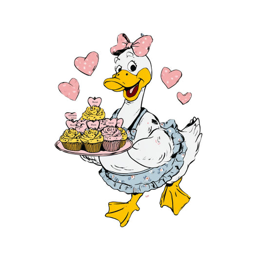 duck, goose, poultry, farmhouse, whimsical, cute, hearts, pink hearts, rose pink, yellow, white, blue, apron, ruffled apron, bow, pink bow, polka dots, cheerful, retro, vintage, animals, bird, sweet, charming, country, cottage core, decorative, cupcakes, baking theme, nursery