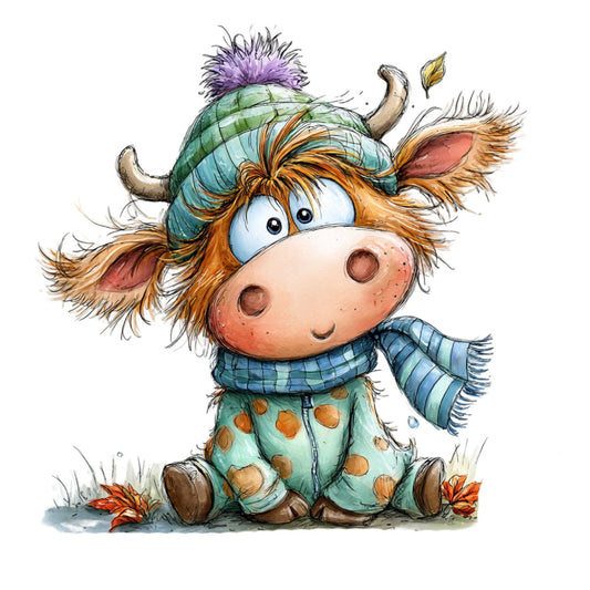 whimsical cow, purple pom-pom hat, blue plaid scarf, orange hair, cute animals, farm animals, children's illustration, pastel colors, sage green, sky blue, burnt orange, cream background, quirky characters, playful style, rustic charm, folk art, baby nursery, children's bedding, storybook illustration, whimsical animals, farmyard friends, cozy autumn, fall colors, toddler friendly, charming character, hand-painted style, cottage core, cheerful design, kid's fabric
