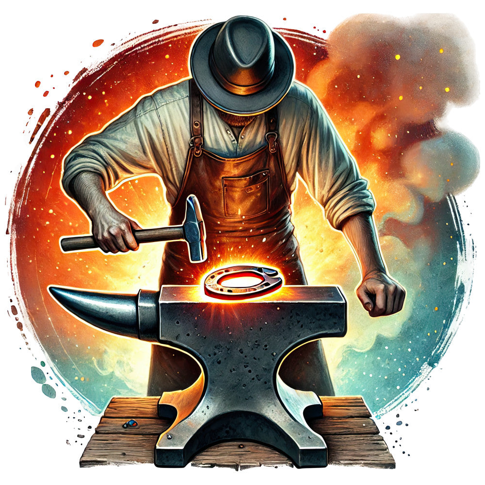 blacksmith, anvil, hammer, colonial craftsman, orange flames, red fire, leather apron, wide brimmed hat, metalworking, forge scene, warm glow, artisan figure, rustic workshop, fabric panel, quilting cotton, historical theme, craft motif, amber tones, dusty blue, workshop tools