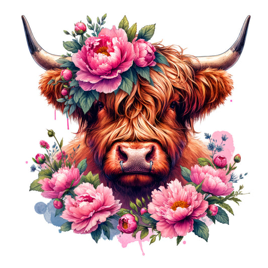 highland cattle, pink peonies, floral, rustic, farmhouse, bohemian, whimsical, botanical, animals, nature, horns, long-haired bull, coral pink, hot pink, burnt orange, golden brown, sage green, cream, watercolor, artistic, vintage, spring, summer, cottage core, folk art, decorative, statement panel, wall hanging, home decor