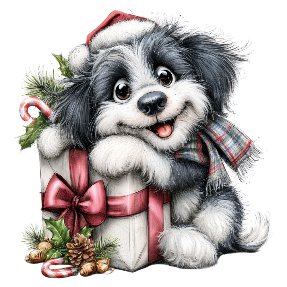 black and white dog, shih tzu, festive puppy, christmas holiday, red ribbon bow, candy cane, holly leaves, pinecones, plaid shirt, santa hat, whimsical, cute animals, pet themed, cream white, charcoal gray, burgundy red, gold accents, winter, seasonal, christmas decoration, gift box, cheerful, playful, traditional holiday, children's, baby friendly, festive decoration, animal lover, cozy winter
