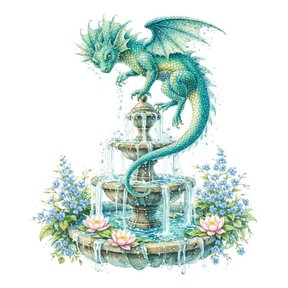 teal dragon, turquoise, aqua blue, sage green, cream white, pink lotus, water fountain, fantasy creature, magical, whimsical, elegant, ornate, botanical, flowers, nature, dragon theme, water feature, tiered fountain, blue flowers, pink water lilies, garden, decorative, enchanted, storybook, illustration style, dreamy, fairytale, ornamental, spring, summer
