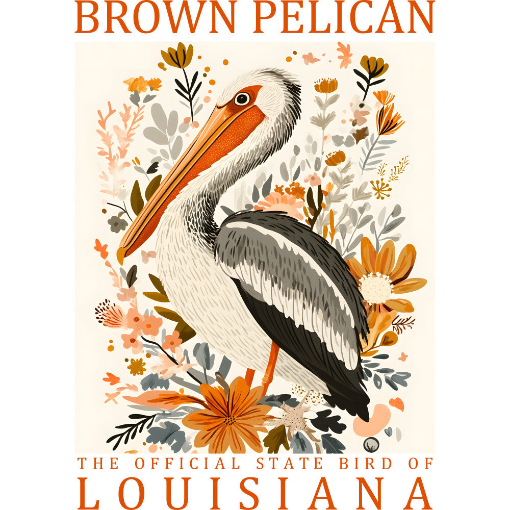 brown pelican, louisiana state bird, orange beak, white feathers, black wings, floral background, botanical elements, cream background, coral flowers, gray leaves, orange accents, peach tones, bird illustration, nature panel, fabric panel, quilting cotton, decorative birds, coastal wildlife, ornamental design, artistic rendering