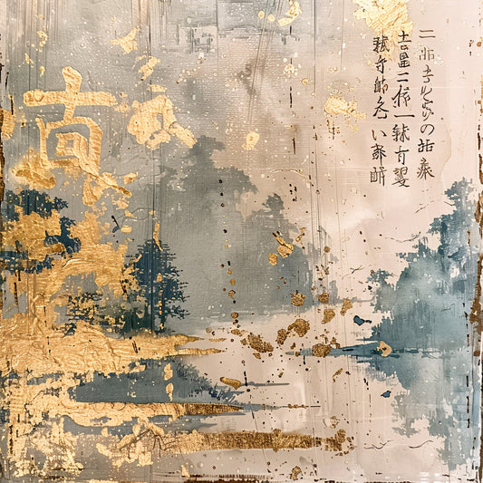 asian landscape, rice paper texture, golden yellow, sage green, muted gray, weathered appearance, japanese calligraphy, mountain scenery, trees silhouettes, misty atmosphere, vintage patina, fabric panel, quilting cotton, eastern art style, serene mood, nature scene, distressed finish, soft pastels, oriental design, tranquil setting