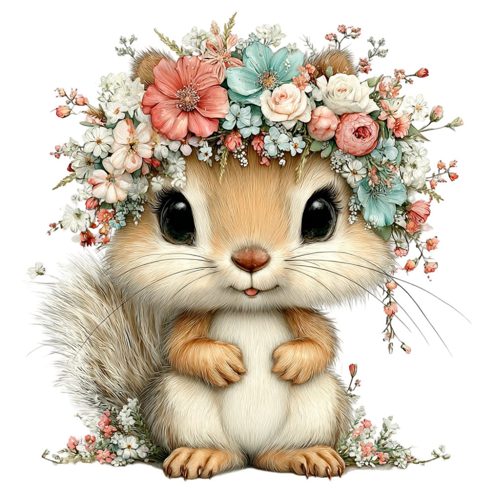 cute cat, fluffy animal, woodland creature, flower crown, floral wreath, coral pink, mint green, cream white, dusty rose, sage green, whimsical, sweet, adorable, children's fabric, baby quilt, nursery decor, spring flowers, vintage floral, botanical, nature inspired, daisies, roses, gerbera daisy, playful, feminine, cottage core, pastoral, garden theme, animal portrait, character design
