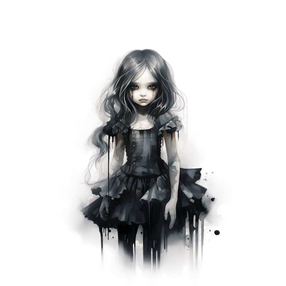 grayscale, monochrome, black and white, charcoal, dark gray, gothic, dark fantasy, whimsical, ethereal, moody, mysterious, portrait, girl, child, illustration, anime, manga, watercolor, ink drip, splatter, artistic, contemporary, modern art, surreal, elegant, dramatic, enchanted, storybook, fantasy art, wall hanging