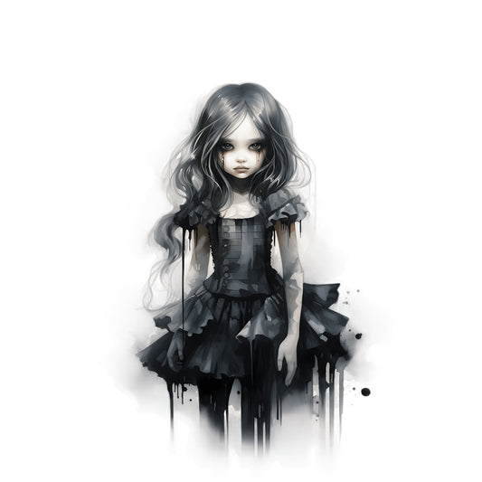 grayscale, monochrome, black and white, charcoal, dark gray, gothic, dark fantasy, whimsical, ethereal, moody, mysterious, portrait, girl, child, illustration, anime, manga, watercolor, ink drip, splatter, artistic, contemporary, modern art, surreal, elegant, dramatic, enchanted, storybook, fantasy art, wall hanging