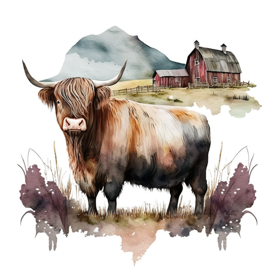 Watercolor Highland Cows Fabric Panel 14 featuring a detailed brown and white highland cow with barn and mountain background.