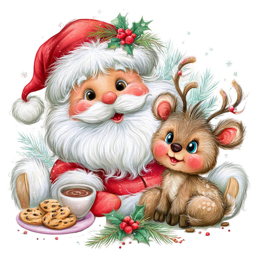 santa claus, reindeer, christmas, holiday, red, white, cream, brown, tan, rosy cheeks, festive, whimsical, cheerful, cookies, hot chocolate, winter, jolly, traditional, nostalgic, vintage, children's, cute, charming, playful, evergreen, holly berries, seasonal, gift-giving, magical, storybook