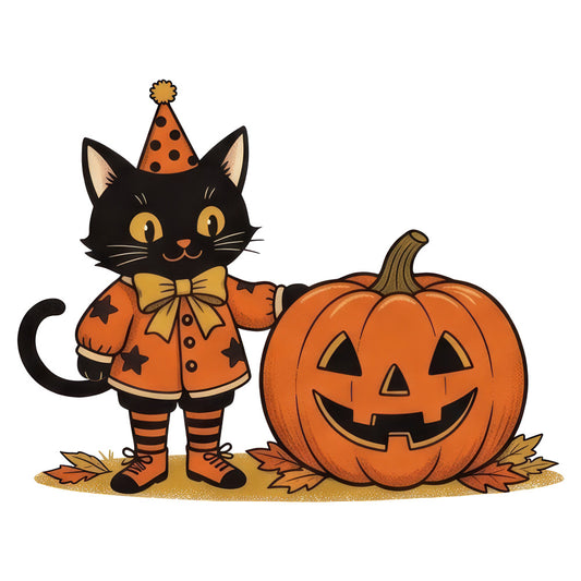 halloween, black cat, jack-o-lantern, pumpkin, orange, black, gold, party hat, autumn, fall, festive, spooky, whimsical, cute, costume, striped stockings, bow tie, seasonal, trick-or-treat, holiday, scary, cheerful, playful, children's, kids, decorative, wall hanging, home decor, festive season