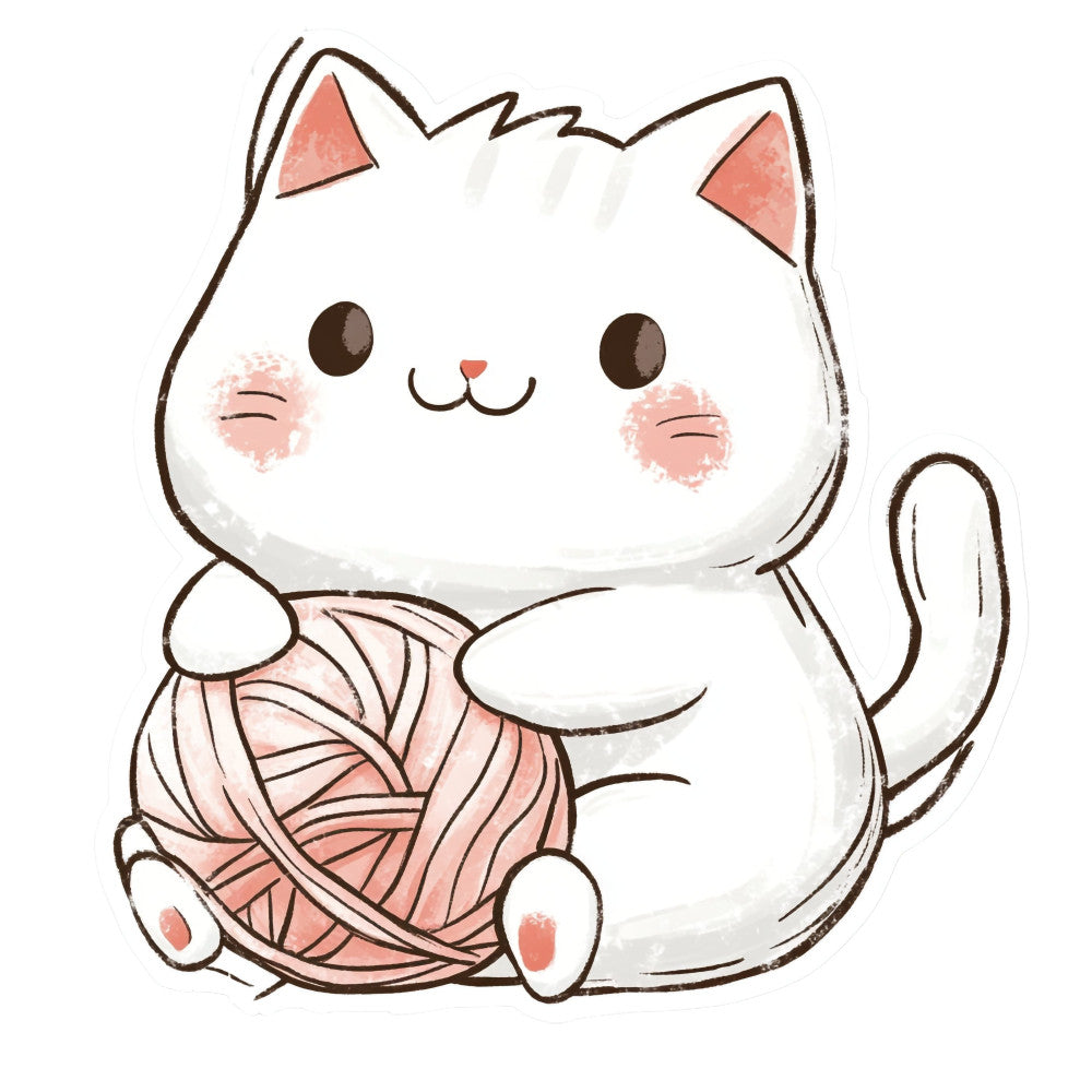 white cat, pink yarn, cute cat, kawaii, animal print, cat lover, pastel pink, coral pink, cream white, brown accents, playful, whimsical, children's fabric, nursery, baby themed, cat with yarn, knitting theme, crafty, charming, illustration style, soft colors, gentle, adorable, kitten, pet themed, craft room, playroom, girly, sweet, endearing