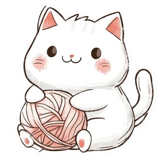 white cat, pink yarn, cute cat, kawaii, animal print, cat lover, pastel pink, coral pink, cream white, brown accents, playful, whimsical, children's fabric, nursery, baby themed, cat with yarn, knitting theme, crafty, charming, illustration style, soft colors, gentle, adorable, kitten, pet themed, craft room, playroom, girly, sweet, endearing