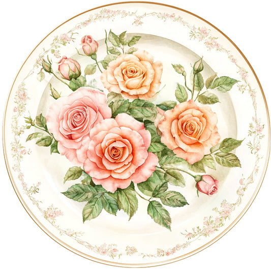 coral pink, peach, blush pink, cream, gold trim, rose, floral, vintage, botanical, roses, buds, leaves, elegant, romantic, traditional, shabby chic, spring, garden, nature, delicate, pastel, ornate border, decorative border, classic, feminine, cottage style, timeless, botanical illustration