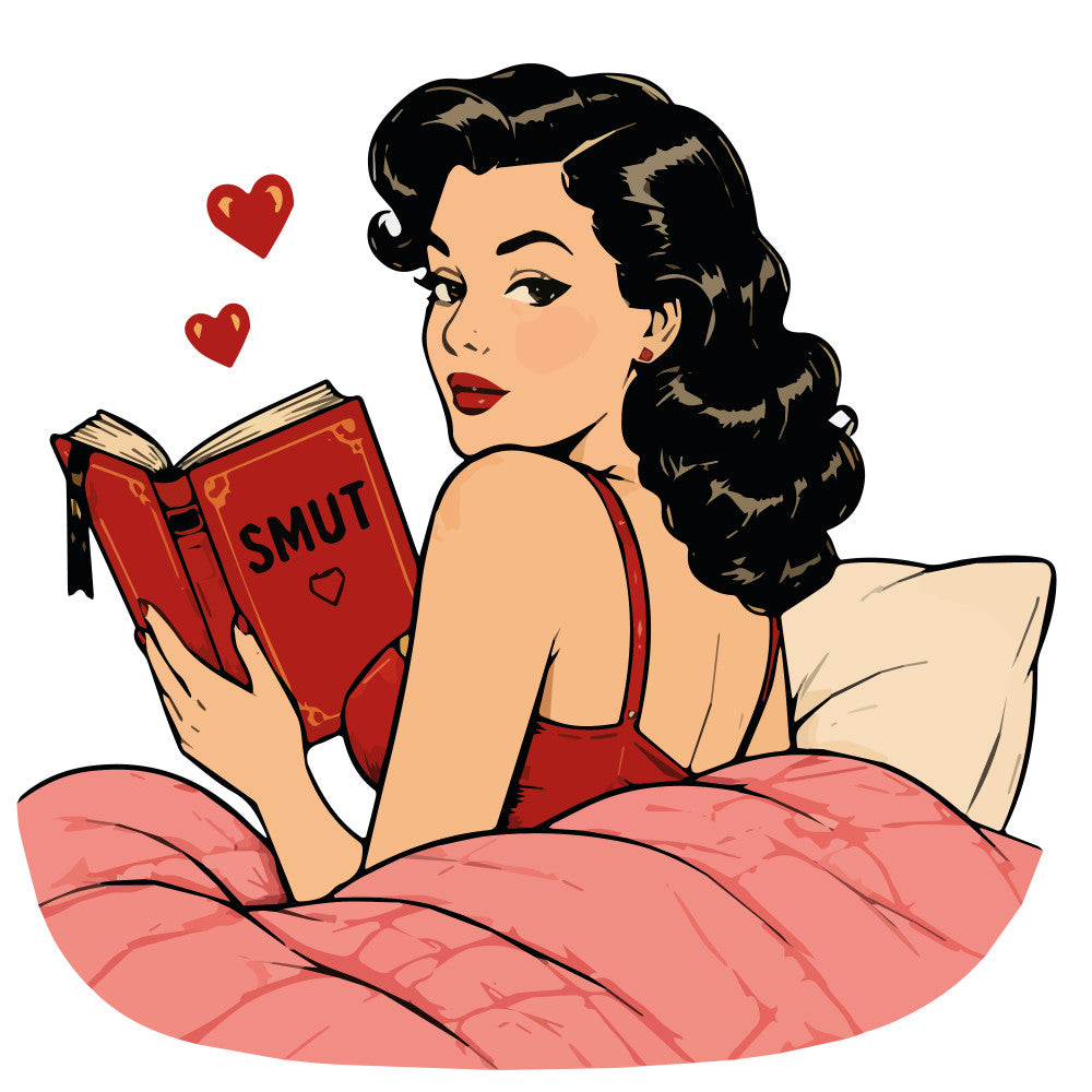 red, cream, peach, vintage, retro, 1950s, pin-up, glamorous, elegant, romantic, hearts, book, reading, woman, portrait, nostalgic, classic, beauty, fashion, home decor, wall hanging, art print, literary, love, bedroom, adult, sophisticated, mid-century, girl