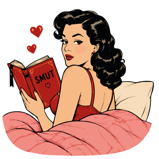 red, cream, peach, vintage, retro, 1950s, pin-up, glamorous, elegant, romantic, hearts, book, reading, woman, portrait, nostalgic, classic, beauty, fashion, home decor, wall hanging, art print, literary, love, bedroom, adult, sophisticated, mid-century, girl