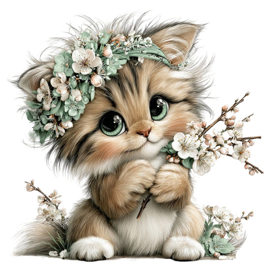cute cat, kitten, fluffy animal, green eyes, cream colored, soft beige, sage green, blush pink, white flowers, floral wreath, flower crown, botanical, nature themed, whimsical, adorable, sweet, gentle, spring, soft pastels, baby friendly, nursery decor, children's fabric, storybook illustration, vintage floral, romantic, delicate flowers, animal portrait, cat lover, pet themed