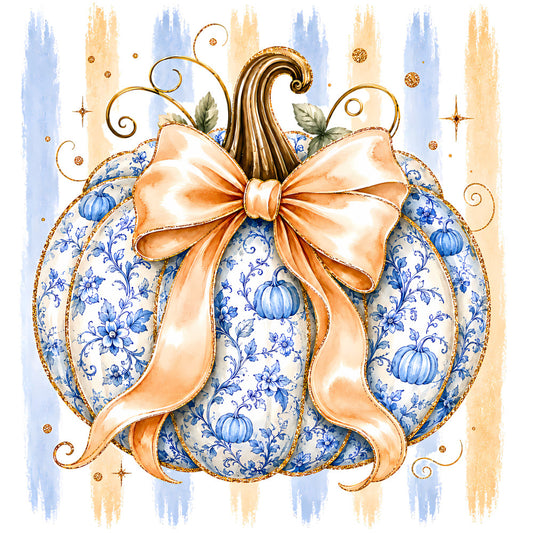 blue and white floral, peach bow, gold accents, pumpkin print, autumn harvest, fall season, thanksgiving, elegant, whimsical, vintage style, delft blue pattern, decorative pumpkins, ornamental design, cream background, pale blue stripes, gold scrollwork, botanical elements, festive, traditional, damask inspired, seasonal decor, wall hanging, home decor panel, rustic elegance, cottage core, blue florals, peachy orange, golden details, harvest theme