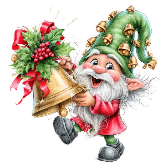christmas gnome, holiday, festive, whimsical, red, forest green, gold, white, holly, berries, bells, jingle bells, seasonal, christmas decoration, traditional, cheerful, merry, vintage christmas, nostalgic, character panel, novelty, magical, winter, yuletide, joyful, decorative, retro holiday, classic christmas